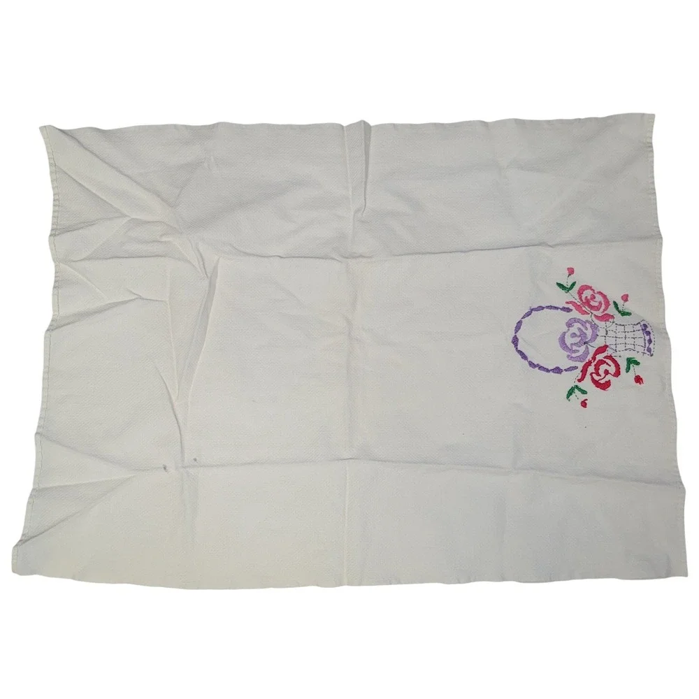Vintage Hand Embroidered Floral Basket Tea Towel White Cotton Pink Purple